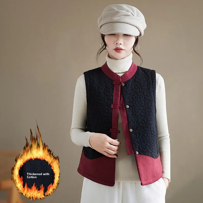 

Осень-зима, китайский Sle, ретро, на пуговицах, воротник-стойка, лоскутный, приталенный, хлопковый жилет Jaet, антивозрастной, женский жилет