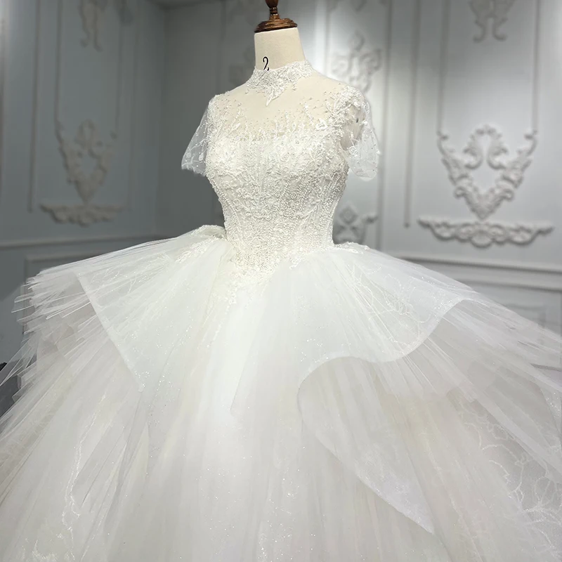 

Exquisite Luxury Wedding Dress Pearls High Neck With Chapel Train Floral Print Ball Gown Avondjurken