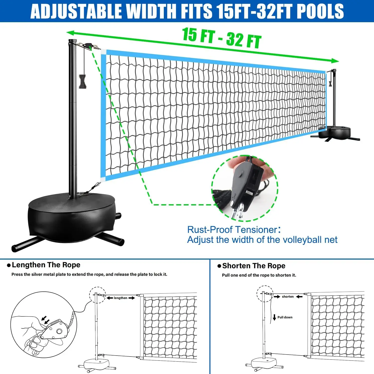 Portable Outdoor LED Volleyball Net with 2 Glowing Balls & Weighted Bases, Adjustable 15-30FT for Inground Pools, Swimming Pool Sports Game Set with Light view 4