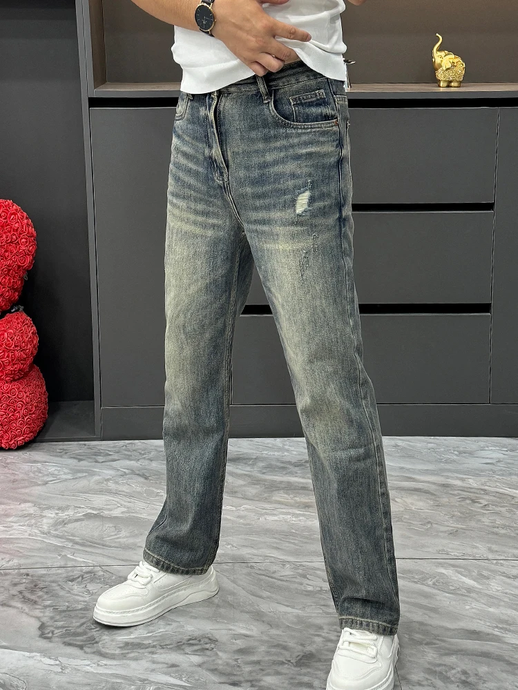 

Американские мужские джинсы в стиле High Street: повседневные, прямые, свободные, винтажные, длинные брюки для зимы, модные, простые, молодежные, стильные