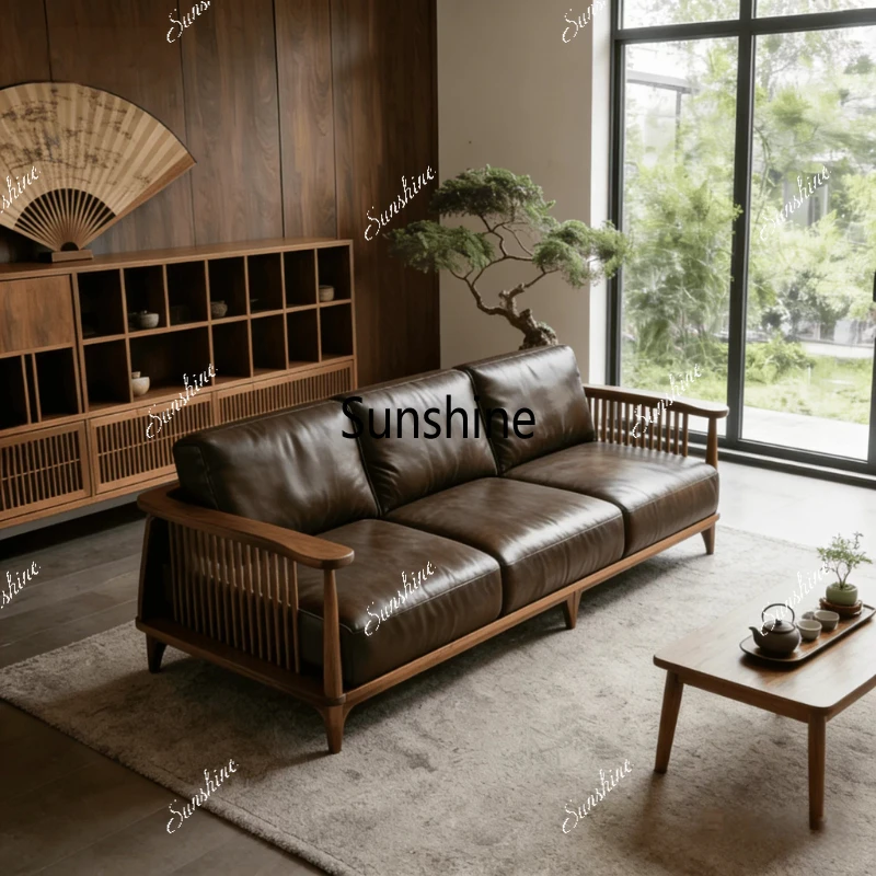 

New Chinese-style solid wood living room straight row sofa home bed and breakfast villa high-end furniture customization