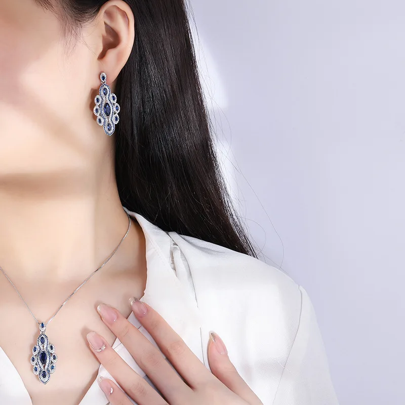 S925 Silver Plated 18K Gold Plated PT950 Platinum Jewelry Blue Hand-set Diamond Women's Set Main Stone 5*9 Jewelry