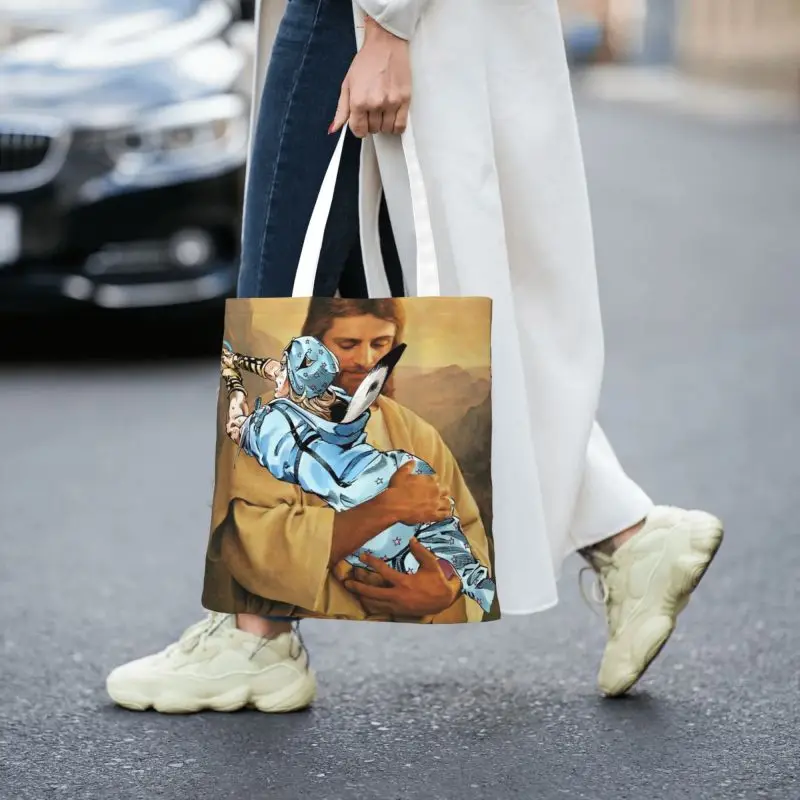 Le uniche avventure di JOJO riutilizzabili della borsa della spesa di gesù Polnareff borsa a tracolla in tela da donna borse Shopper per generi alimentari lavabili