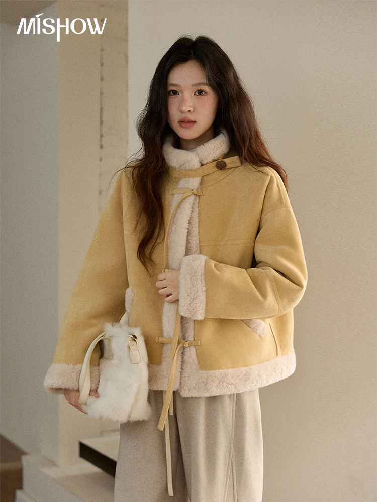 

MISHOW Woman Yellow Jackets 2025 Winter Suede Fur Collar Short Coat Luxury Comfortable Single-breasted Commuter Coat MXE89W0897