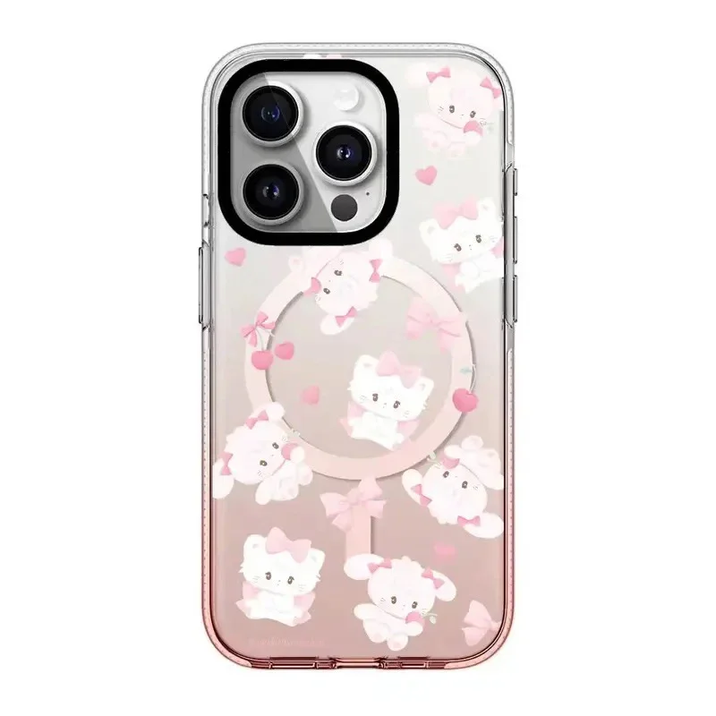 Cute Cartoon Cat Pink Gradient Transparent Border Magnetic IPhone 13 14 15 16 Pro Max Case