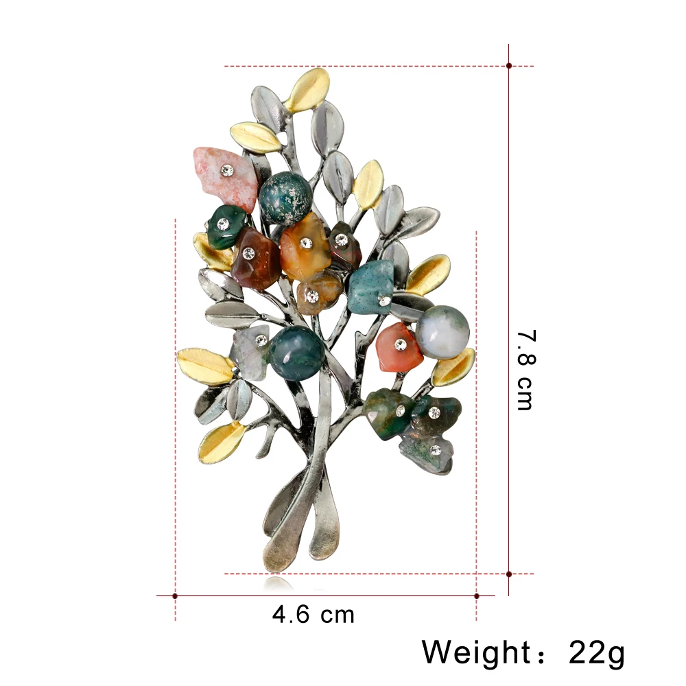 Women Retro Natural Stones Tree Brooches Pearl Stone Leaf Big Brooch Jewelry Accessories Clothing Wholesale New Arrival