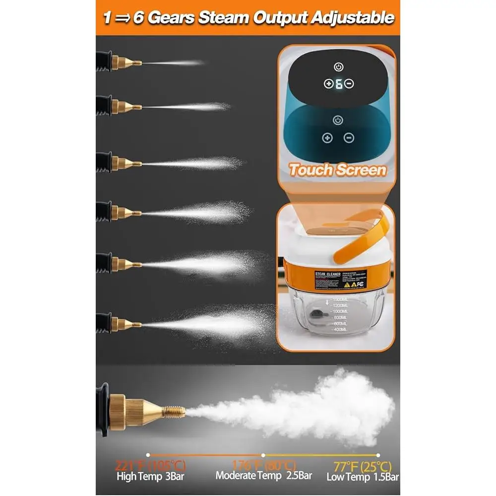 Handheld Steam Cleaner Touch Screen 1.5L Large Tank Portable High Pressure 6 Gear Adjustable Steam Cleaner Deep Cleaning Hard