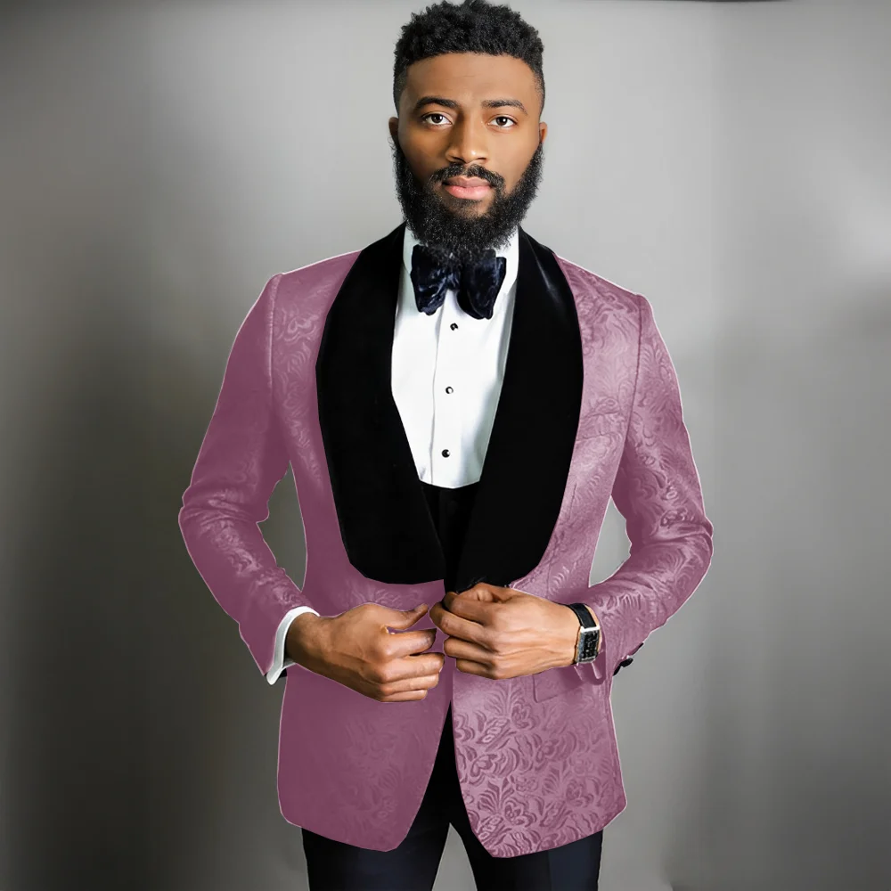 One Button Men Suits Black Pattern Groom Tuxedos Shawl Velvet Lapel Groomsmen Wedding Best Man ( Jacket+Pants+Vest+Tie )