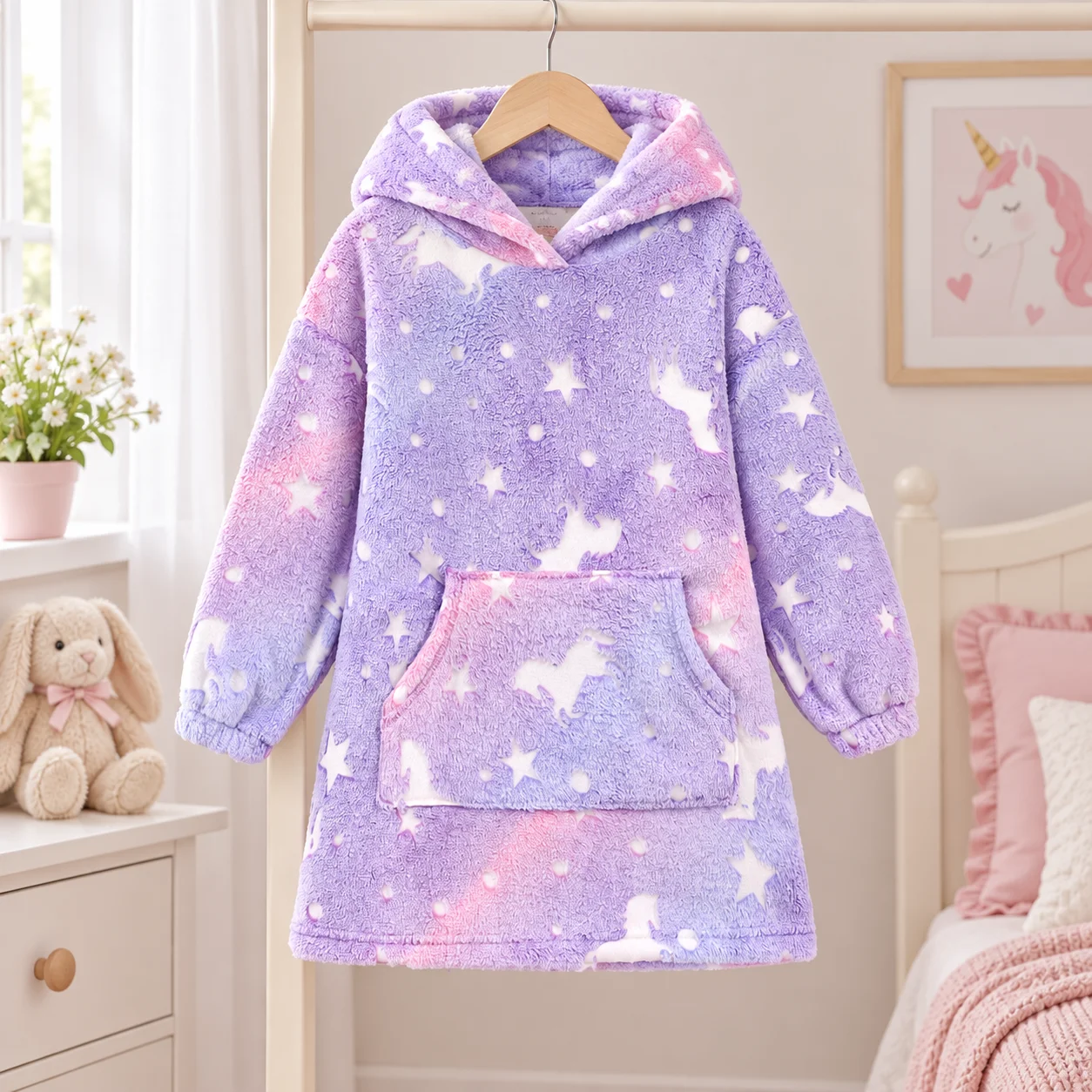 Girls Unicorn Star Fleece Hooded Nightgown Kids Warm Plush Sleep Dress with Pocket Toddler Cozy Homewear Sleepwear 4-7Y