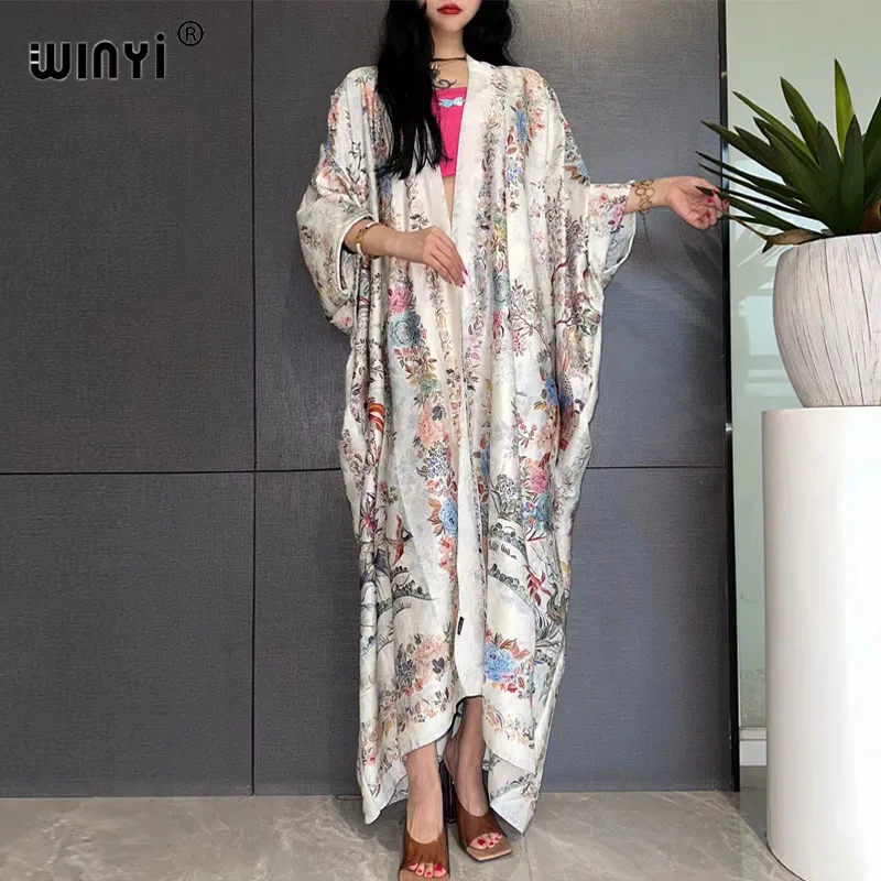 WINYI High-grade double-sided Bohemian Printed silk dress coat Beach Wear Cover up fashion elegant Holiday party Cardigan kimono