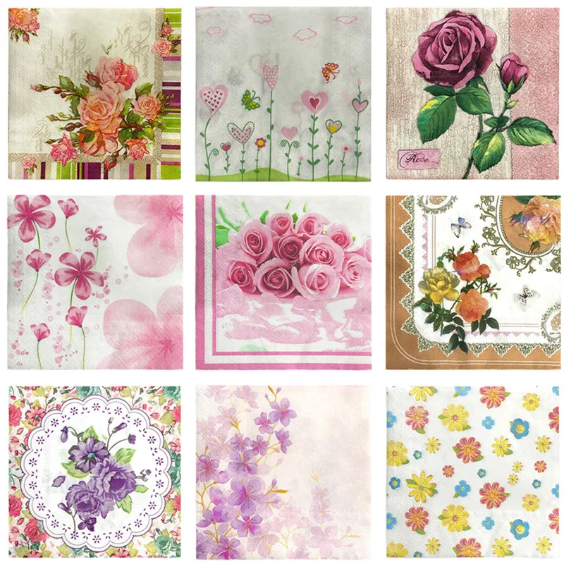 

20Pcs/Pack Rose Flower Printed Paper Tissue Cocktail Square Dinner Disposable Napkins Wedding Party Decoration