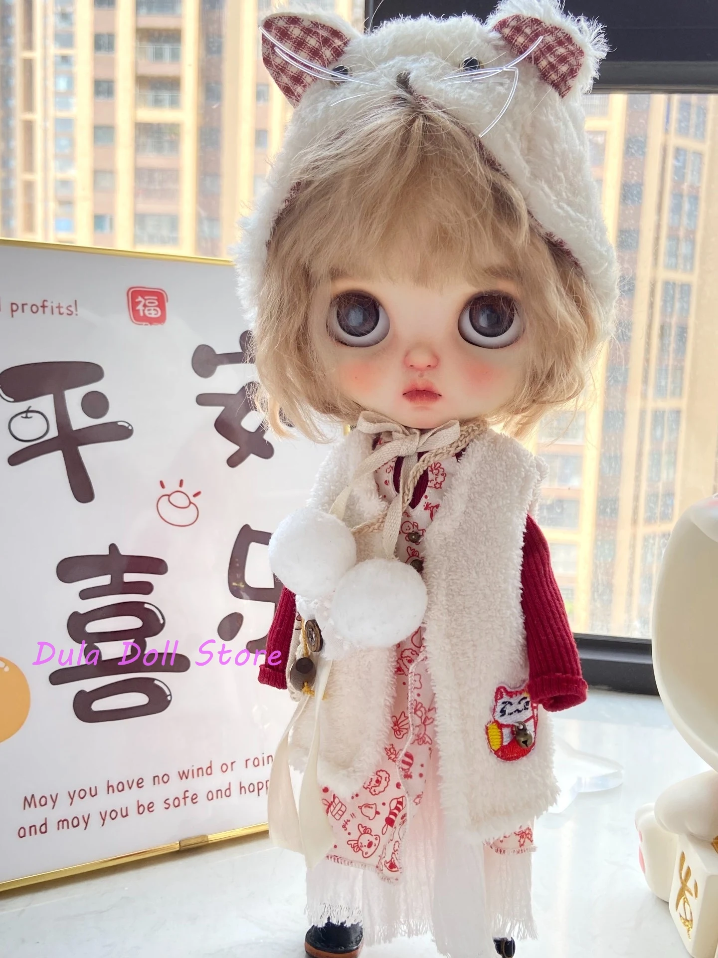 블라이스 ob24 ob22 아존 리카 ICY 제리B 1/6 BJD 인형용 드레스 고양이 행운 조끼와 모자 세트