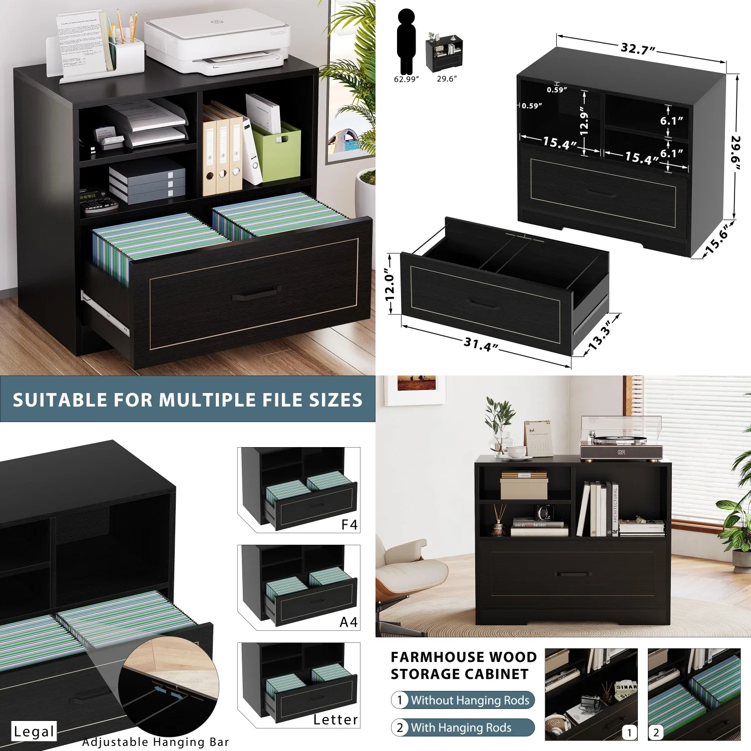 

Lateral Filing Cabinet with Drawer, Black Wood File Cabinet Printer Stand with Storage Shelves for Home Office,, Customized