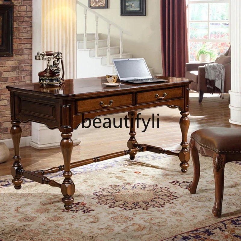 FG28All مكتب من الخشب الصلب دراسة بسيطة من خشب الجوز مكتب كتابة الكمبيوتر على الطراز الأوروبي مكتب فيلا ريترو #4