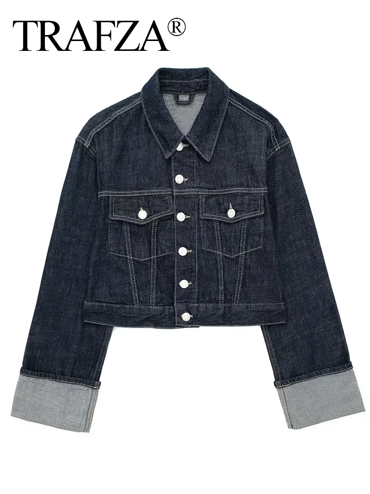 TRAFZA intage Women Denim Cropped Jacket With Pockets 2024 Female Single Breasted Lapel Neck Long Sleeves  Loose Short Coat