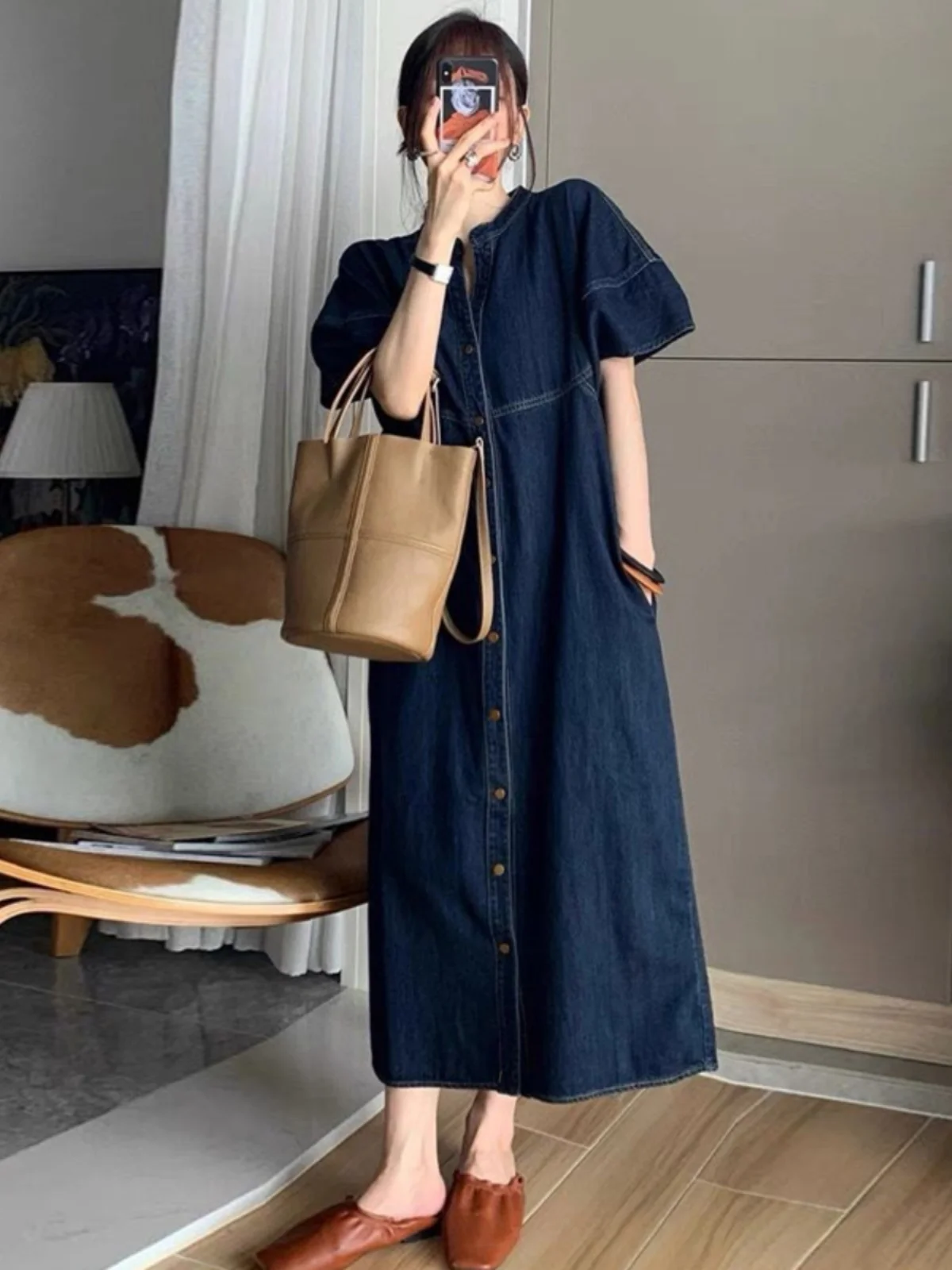 Retro Waed Denim Dr Stehkragen Casual Frühling Herbst Vintage Hohe Taille Baumwolle Polyester Mischung ort Sve V-ne