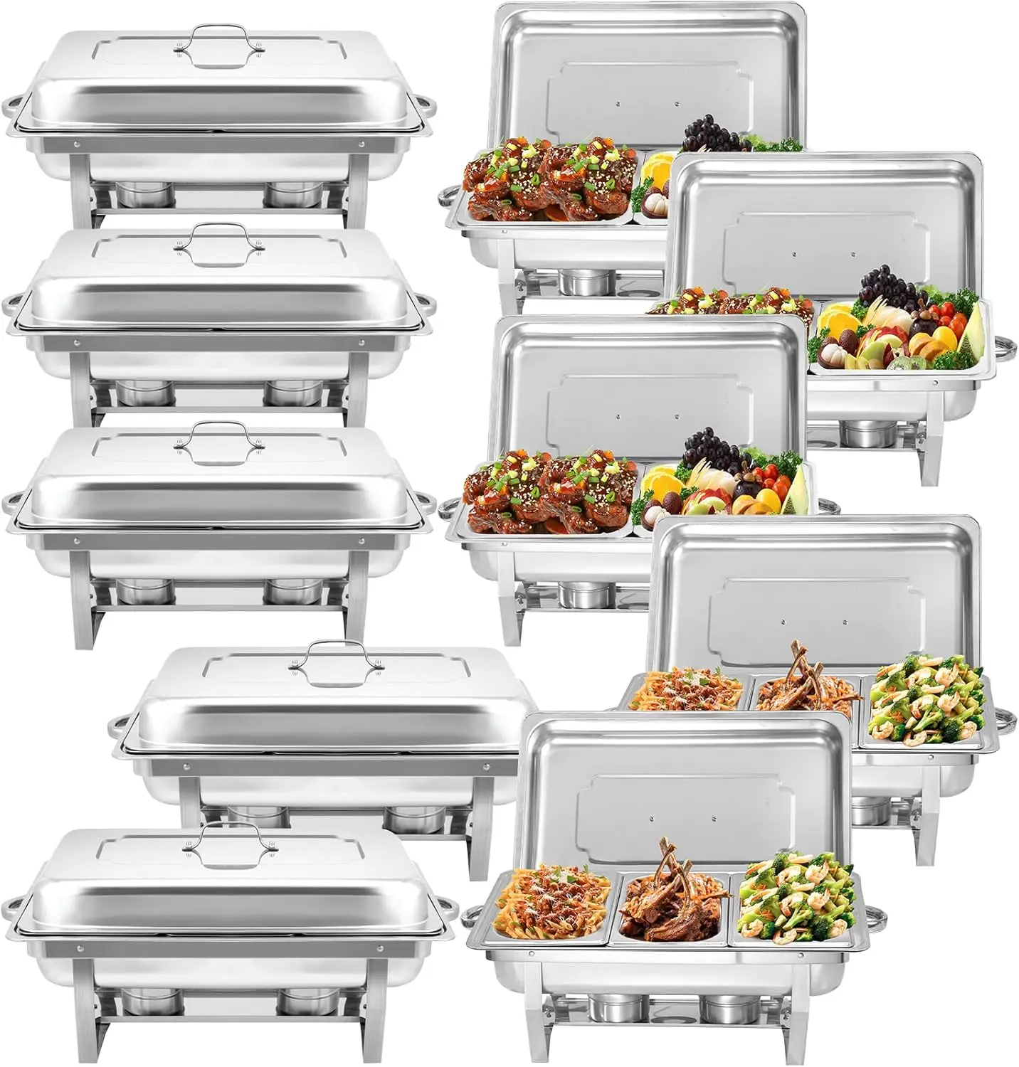 10 Pack Chafing Dish Buffet Set, Stainless Steel Catering Food Warmer For Banquet, Parties, Wedding (6 Packs 8Qt 1/2 Pan + 4