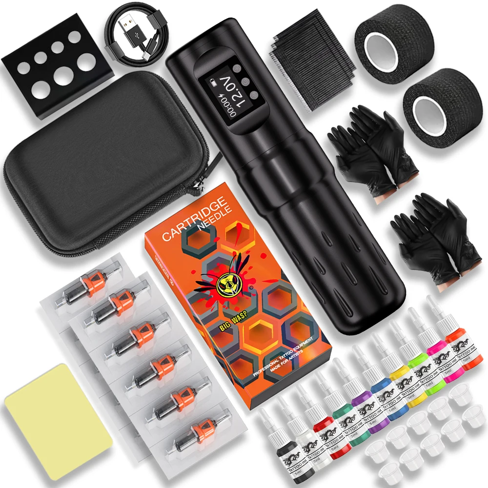 

BIGWASP Wireless Tattoo Machine Kit 1800mAh Battery Wireless Tattoo Pen Set With 10pcs Cartridge Needle For Tattoo Artist Supply