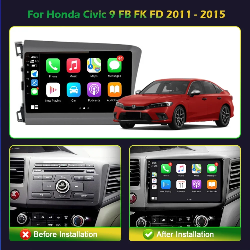 LHD Rudder Car Radio Multimedia For Honda Civic 9 FB FK FD 2011-2015 Navigation Wireless Android Apple CarPlay GPS Screen Stereo