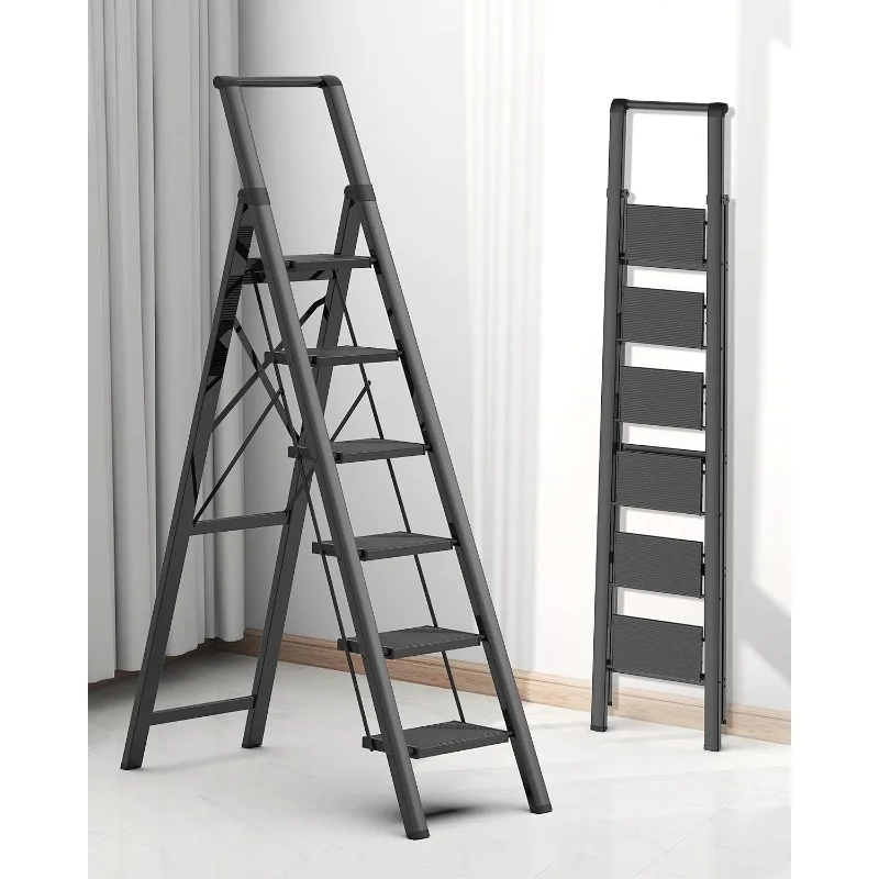 6 Step Ladder for 12 Feet High Ceiling, Folding Step Stool with Handgrip and Anti-Slip Wide Pedal, Portable Aluminum Stepladder