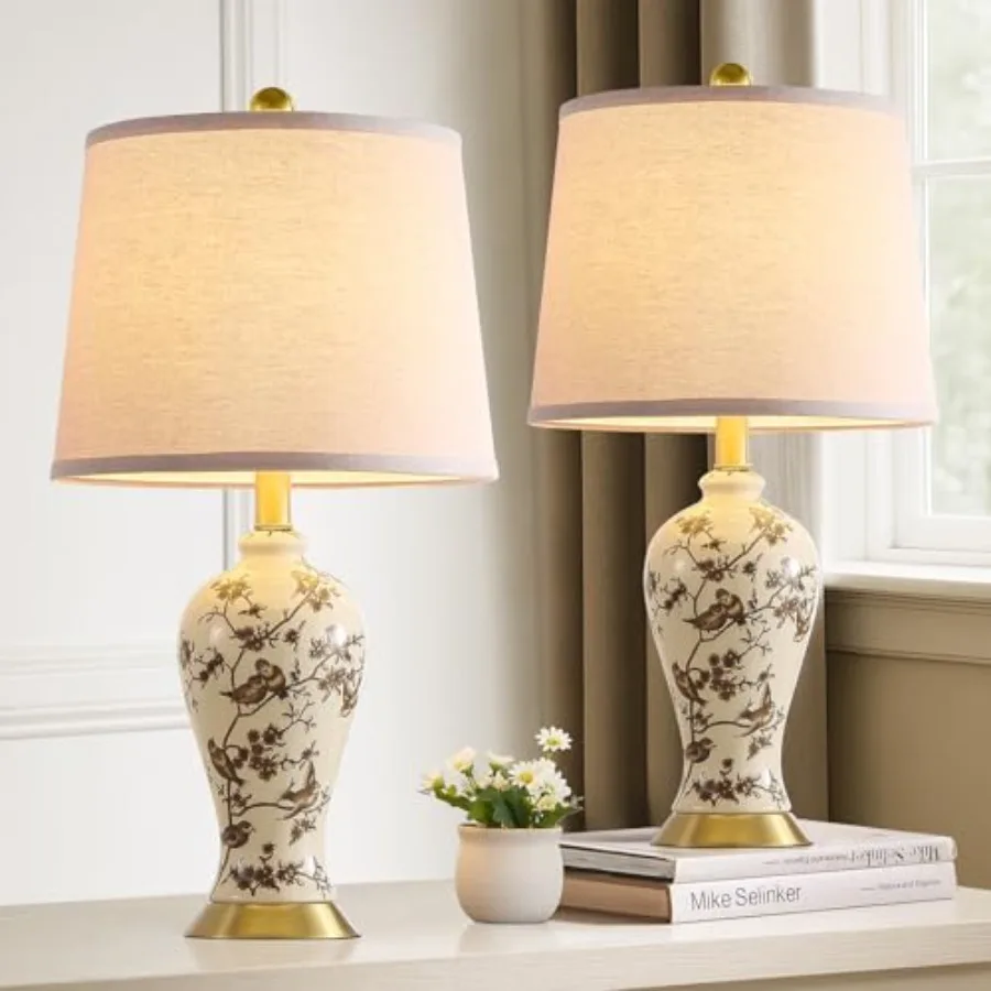

24" Chinoiserie Ceramic Small Table Lamps Set of 2 for Living Room Bird Pattern Branch Traditional Table Lamp for Bedroom Night