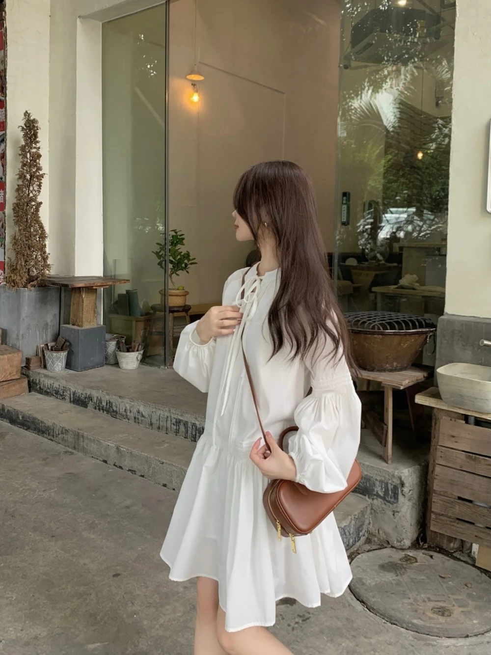 スイートボウレースランタンスリーブドレスレディースルーズAラインドールショートスカート秋の新スタイル快適な通勤スタイル長袖