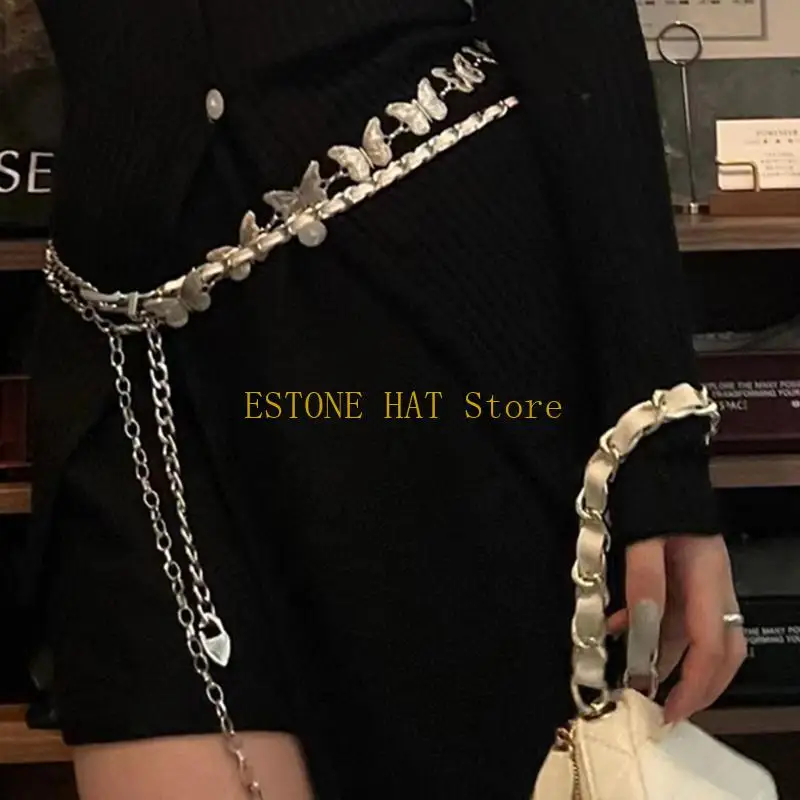 49MF Stomach Chain Butterfly Belly Chain Layered Body Chain Butterfly Waist Chain Belt Skirt Chain y2k Pant Chain Jeans Belt