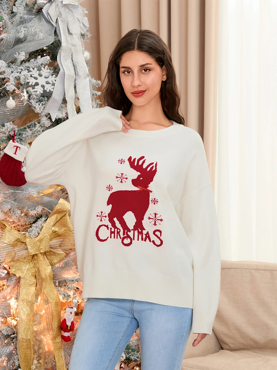 Latest Women'S Loose Christmas Deer Sweater With Reindeer Letter Bow Decoration Long Sleeve Round Neck Ribbed Knitted Top