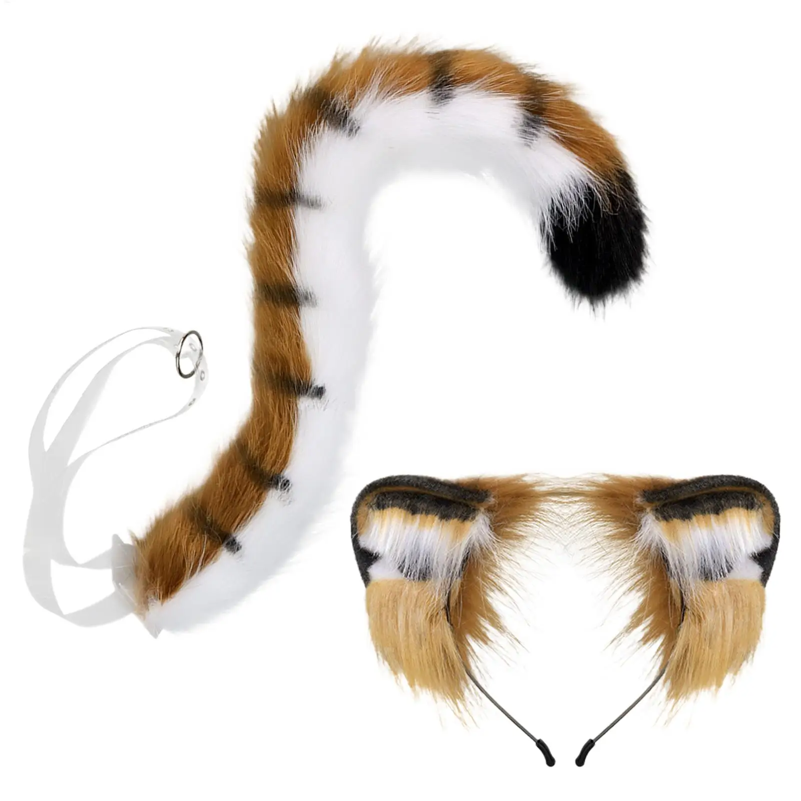 Tiger Headband Tail Set 2Pcs Realistic Furry Animal Ears Costume Accessories Halloween Cosplay Role Play Party Supplies