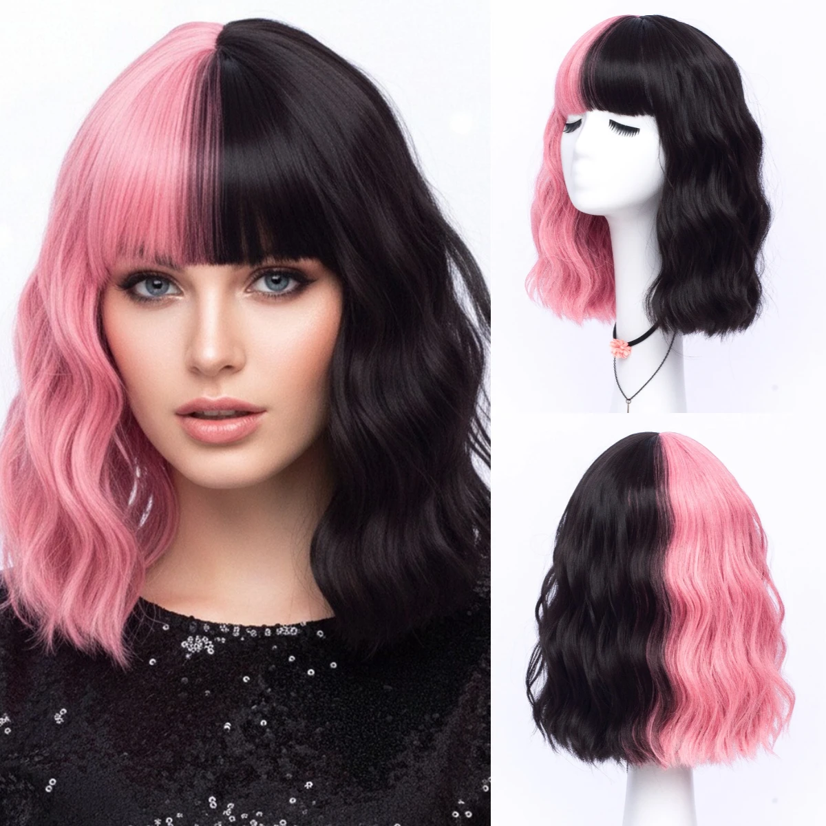 

Synthetic Short Half-Pink Half-Black Curly Wave Bob Wig with Bangs For Women Lolita Costumes & Themed Parties Wear Fake Hair