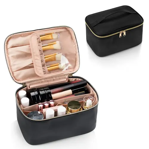 Bolsa de maquillaje, bolsa de cosméticos portátil, estuche de maquillaje de viaje de gran capacidad, organizador negro para mujer, bolsa de aseo para niñas viajando