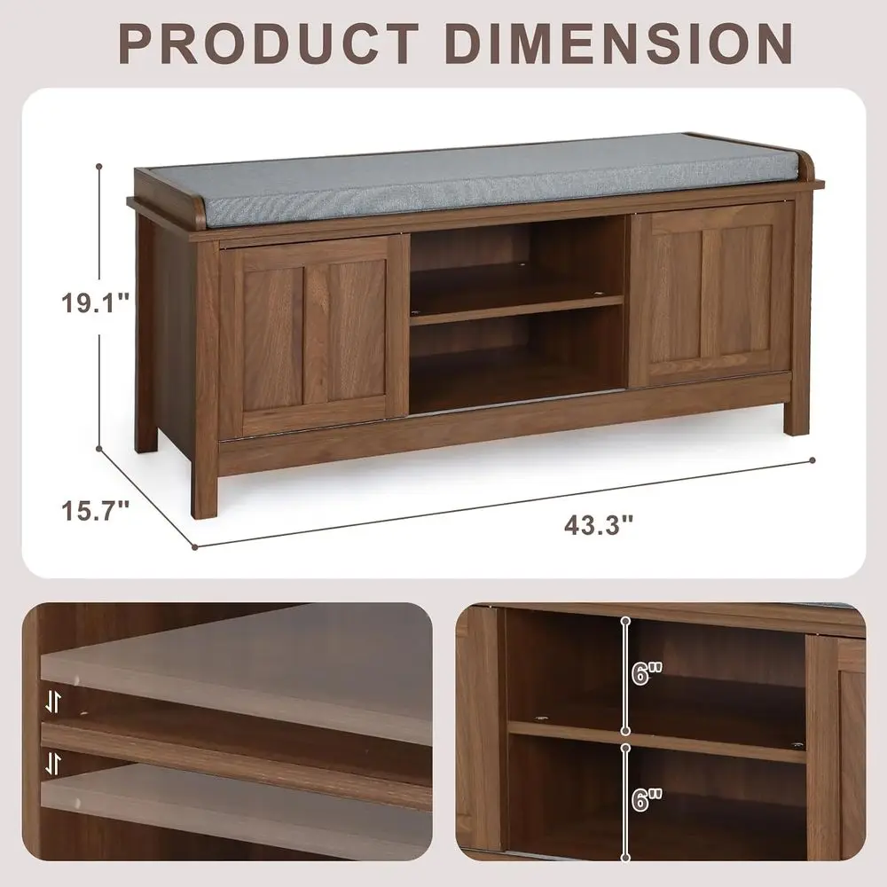 Shoe Storage Bench with Sliding Do& Adjustable Shelves | Solid Wood Walnut 43