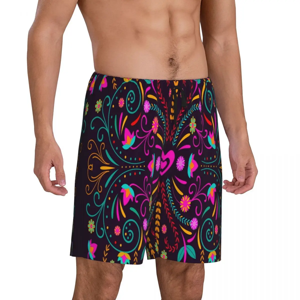 Custom Print Men's Otomi Embroidery Pillow Pajama Shorts Sleep Pjs Sleepwear Bottoms with Pockets