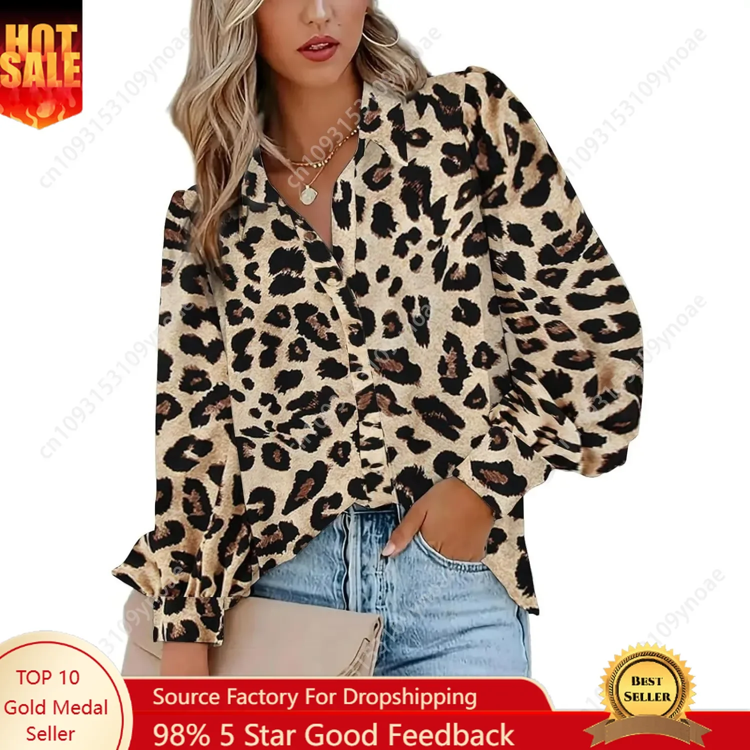 

Leopard Print Lantern Long Sleeve Shirts Chiffon Sexy Tops Women Buttons Shirt Work Casual Top Puff Sleeves V Neck Collar Soft