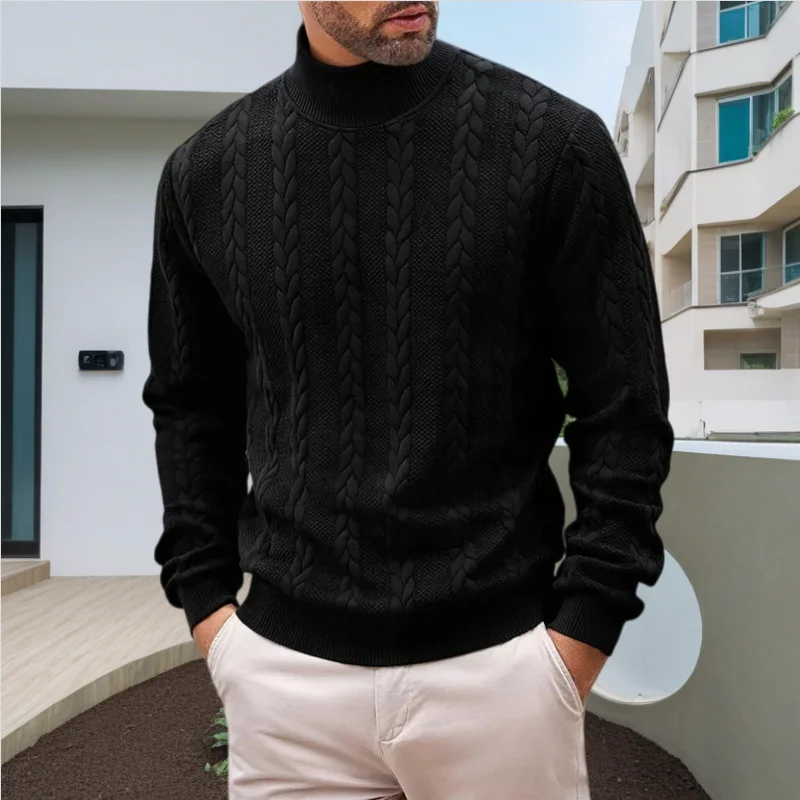 เสื้อสเวตเตอร์ผู้ชายสไตล์ใหม่ประจำฤดูใบไม้ร่วง-ฤดูหนาว ปี 2025 สีพื้นเรียบง่าย สไตล์ลำลอง คอเต่า ลายแจ็คการ์ด แฟชั่นย้อนยุค อุ่นสบาย