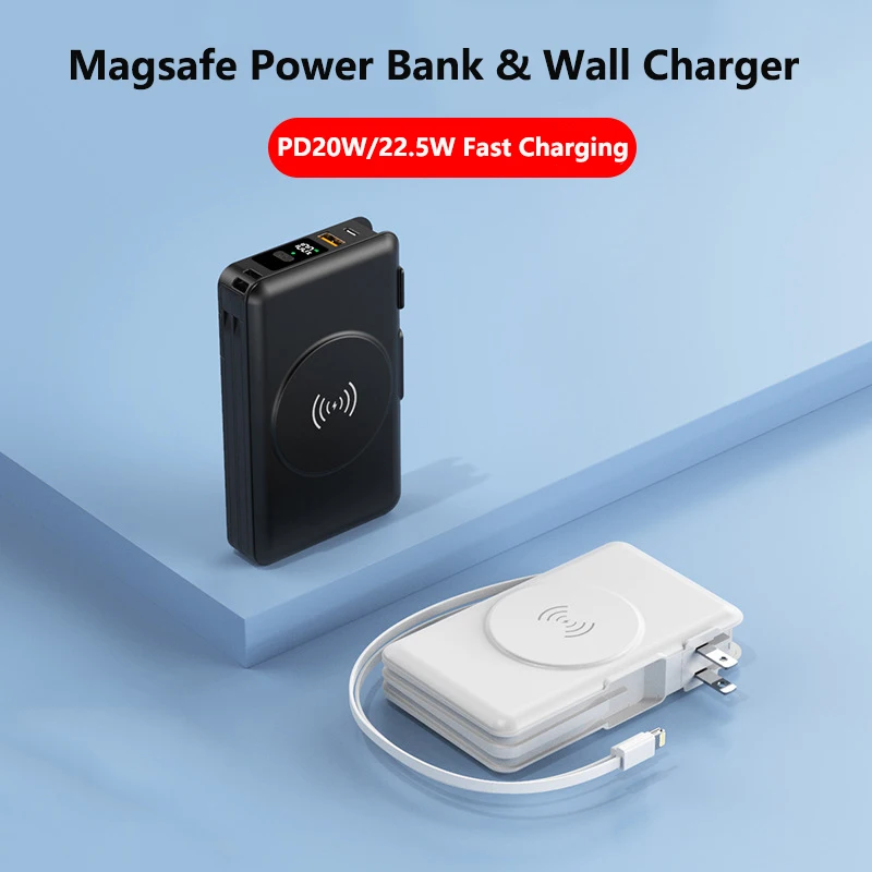 Banco de energia magnética sem fio com cabo, plugue AC, carregador de parede, carregamento rápido para iPhone 15, Xiaomi, Samsung, 20000mAh, 22.5W