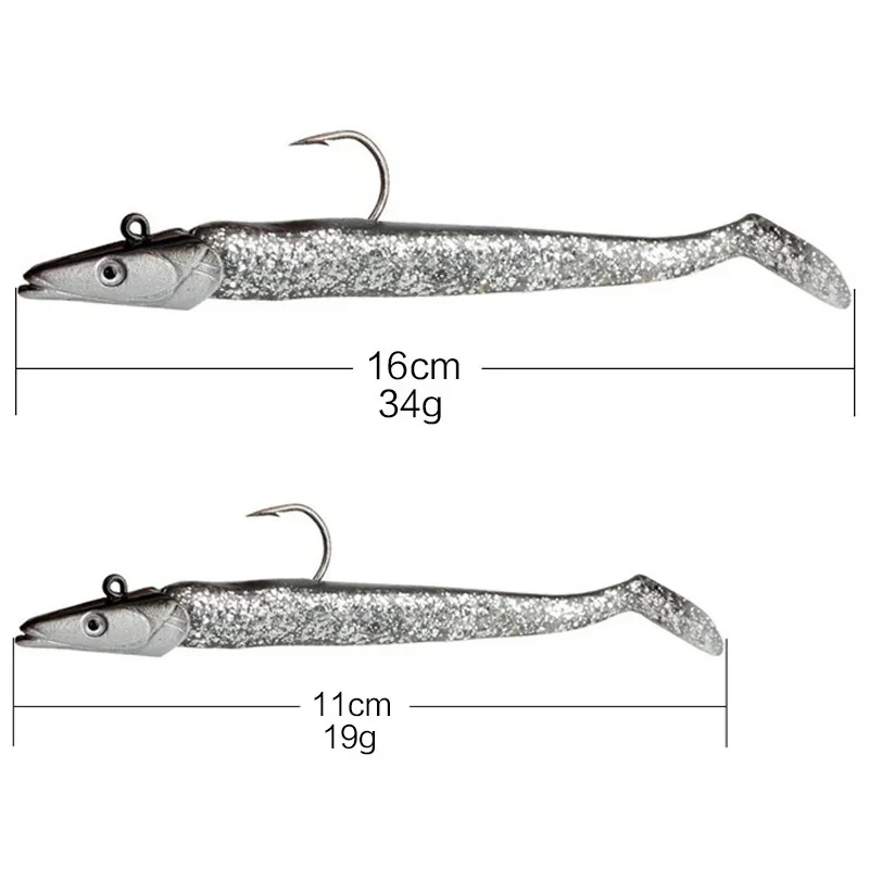 Flysand isca de silicone macio 11cm 19g 16cm 34g gabarito cabeça de peixe para água doce e sal isca de pesca de afundamento realista