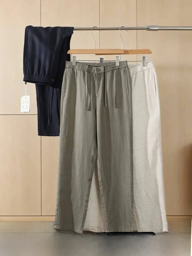 

Linen Mixed Casual Pants Men's Loose Straight Leg Elastic Waist Commute Comfortable Breathable Summer Leisure Trousers