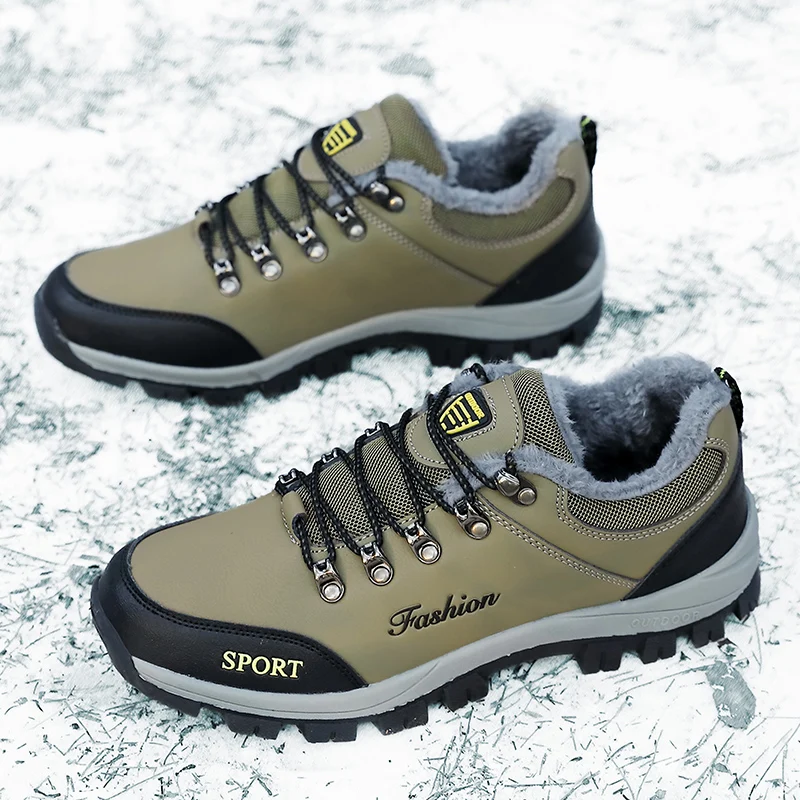 2026 winter new men's hiking shoes warm plush leather shoes outdoor low-cut wear-resistant anti-slip snow boots work men's shoes