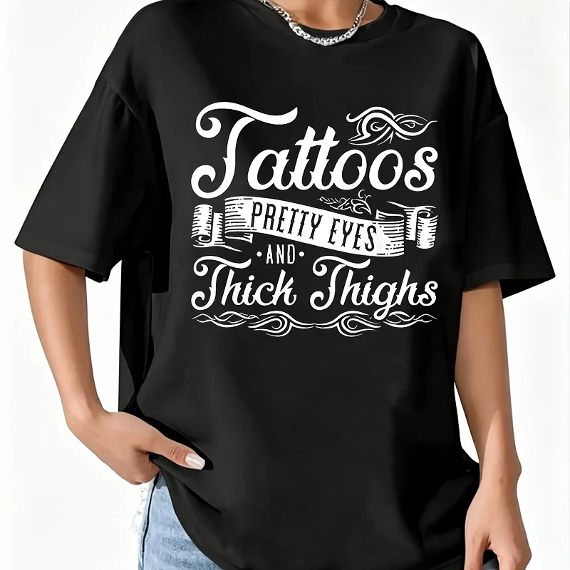Tattoos Pretty Eyes & Thighs Women's 100% Cotton T-Shirt Short Sleeve Top Casual Round Neck Fun Print Tee S-5Xl
