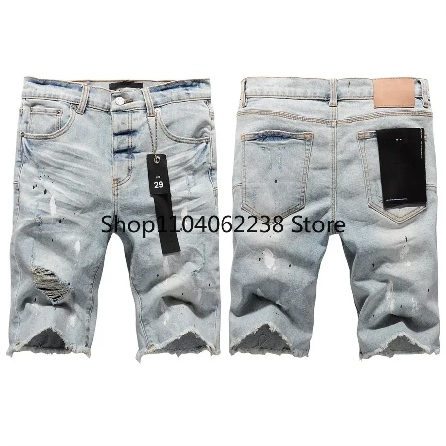 

New Top quality New Purples Jeans Men Trendy Elastic Edged Middle brands Irregular Blue Color Washed Denim Shorts pants