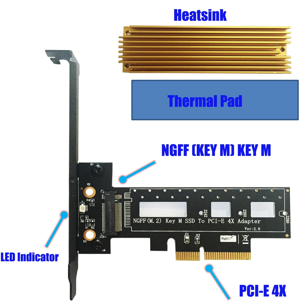 PCI Express 3.0 X4 to M.2 NVMe AHCI SSD M Key Connector Full Speed PCI E Riser Card Adapter Supports 2242 2260 2280 Size M2 SSD