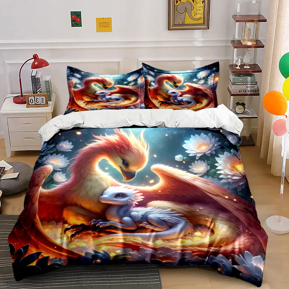 Phoenix Tenderly Protects Baby Dragon Print Bedding Set 1Duvet Cover 2Pillowcases for Adult and Children Luxury Gift Full Size