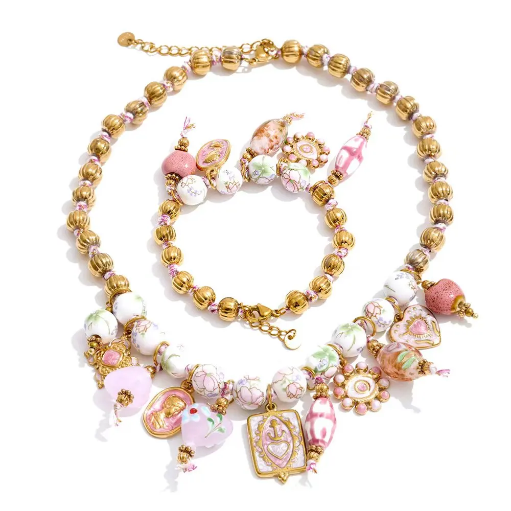 Women's Handmade Beads Chain Ceramic Heart Eye Drop Necklace Bracelet Set
