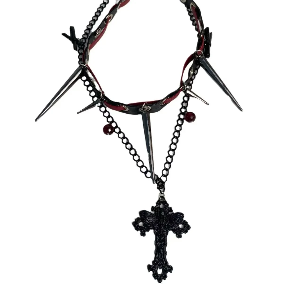Dark Harajuku Rock and roll Individuality Fashion Sense of advanced Multilayer  Minority Hottie Rivet Cross Leather  Choker