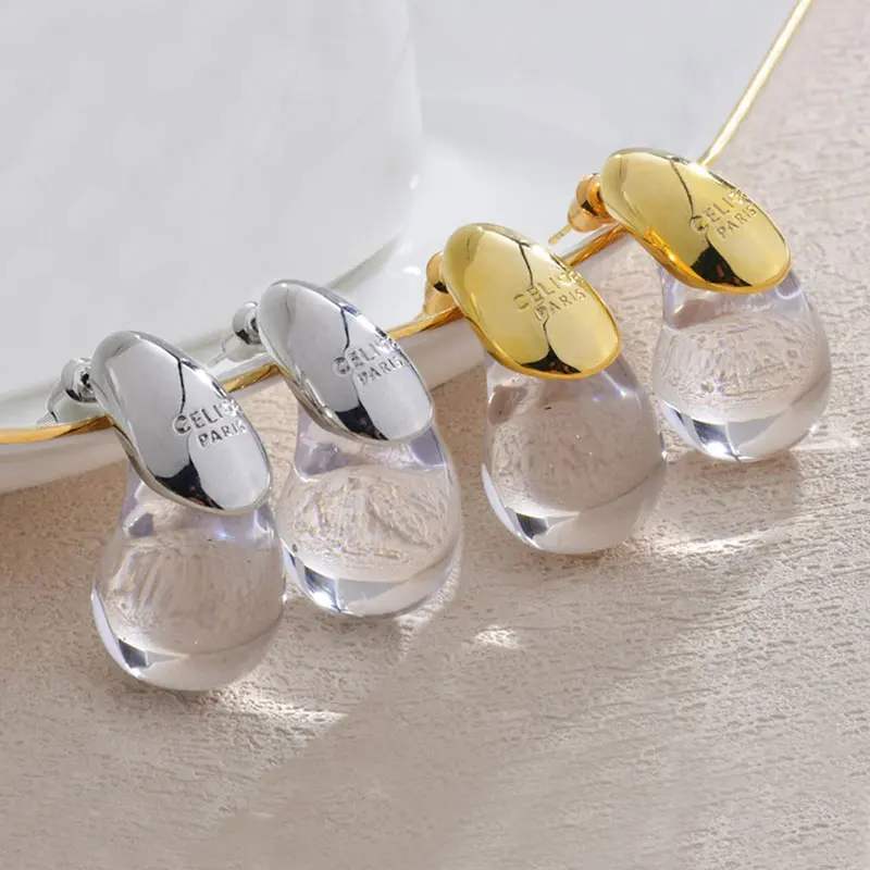 أقراط عصرية على شكل قطرة الماء للنساء، مجوهرات ذهبية مطلية بالنحاس، إكسسوارات شفافة للحفلات