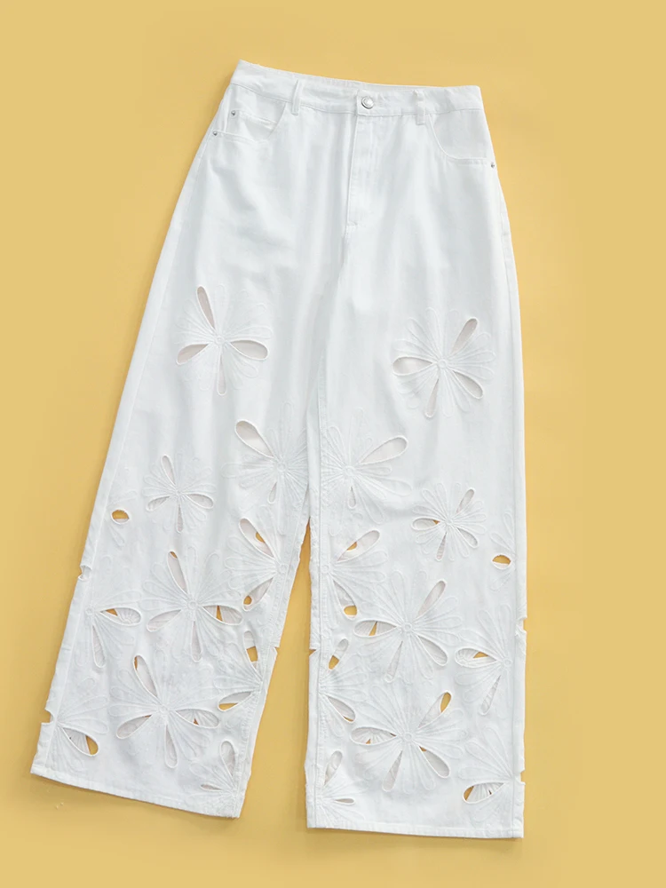 White Embroidered Hollow Flower Straight Leg Jeans High Waist Cotton Spring 2026 Women's Premium Denim High Quality Machine E...