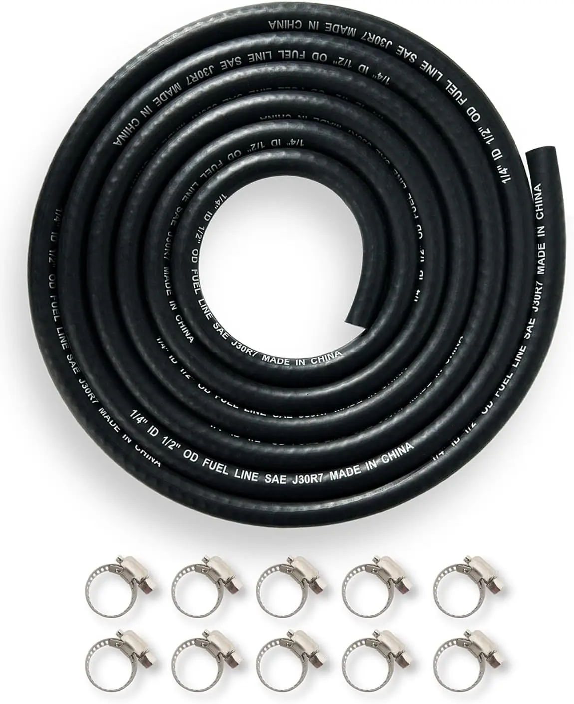 1/4 Inch ID 6FT NBR Fuel Line Hose SAE 30R7 with 10 Clamps | Reinforced 1/4-inch NBR fuel hose replaces Tecumseh 30705 and Briggs & Stratton 791745; includes 6-foot line and 10 clamps