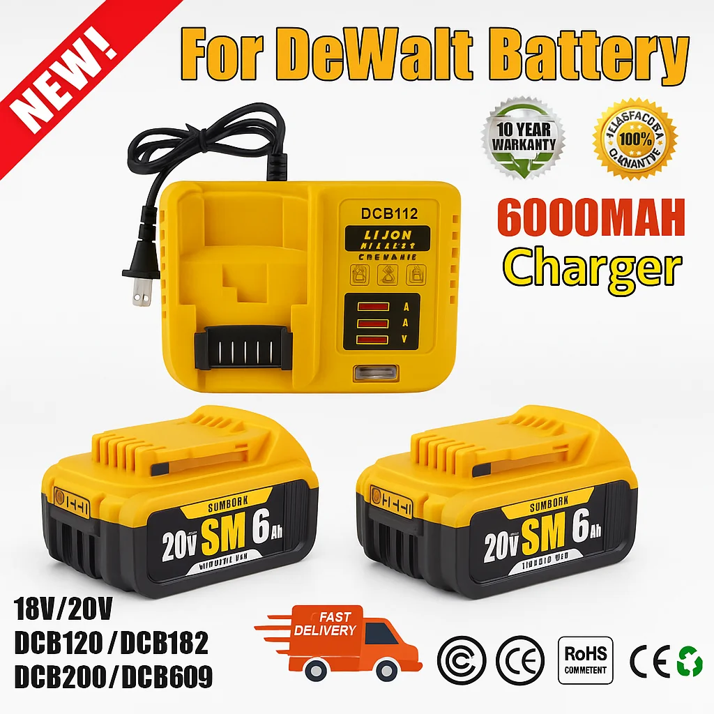 

100% New 20V 6.0Ah Lithium Battery for Dewalt DCB184 DCB200 DCB182 DCB180 DCB181 DCB201, Long-Lasting Power, Eco Green & Safe