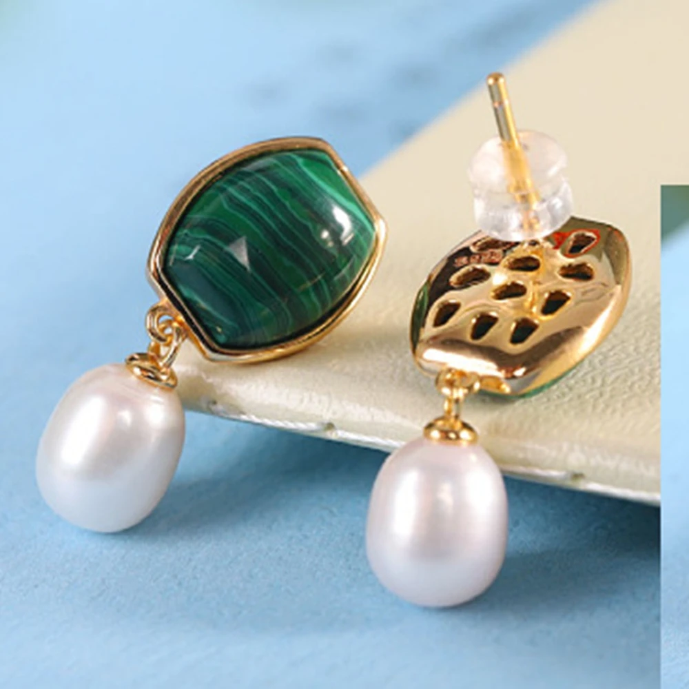 KQDANCE Solid 925 Silver With FreshWater Pearls Natural Malachite Small Drop Earrings Women Green Gem Stone Earring Fine Jewelry